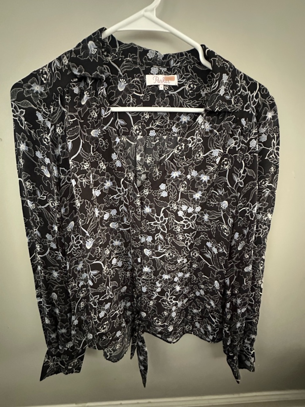 Parker Black Floral Tie-Front Blouse - Black/White/Blue